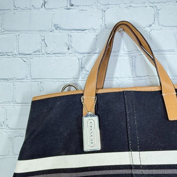 Coach Stripe Canvas Leather Trim Tote Bag Satchel Shoulder Bag Large Academia - Picture 13 of 16